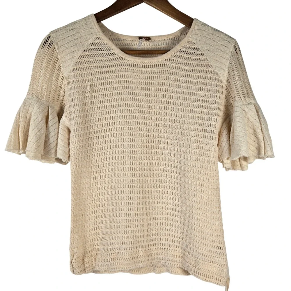 Boho Indie Festival Minimalist Chic Free People Beige Open‑Knit Sweater Size M
